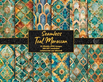 Teal & Gold Moroccan Tile Digital Paper: Seamless Watercolor Patterns (Digital Download)