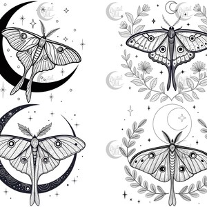 May include: Four black and white illustrations of moths with crescent moons and stars. The moths have intricate wing patterns and are surrounded by floral elements.