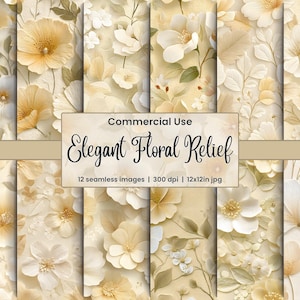 Elegante juego de papel digital con relieve floral, color beige neutro, crema, textura 3D, flores, patrón sin costuras, papel para álbumes de recortes, diarios basura, uso comercial