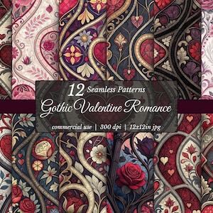 Könnte beinhalten: Eine Sammlung von 12 nahtlosen Mustern mit dem Thema Gothic Valentine Romance. Die Designs zeigen verzierte Blumen- und Herzmotive in Rot-, Burgunder-, Gold- und Cremetönen. Der Text "12 Seamless Patterns Gothic Valentine Romance" ist enthalten.