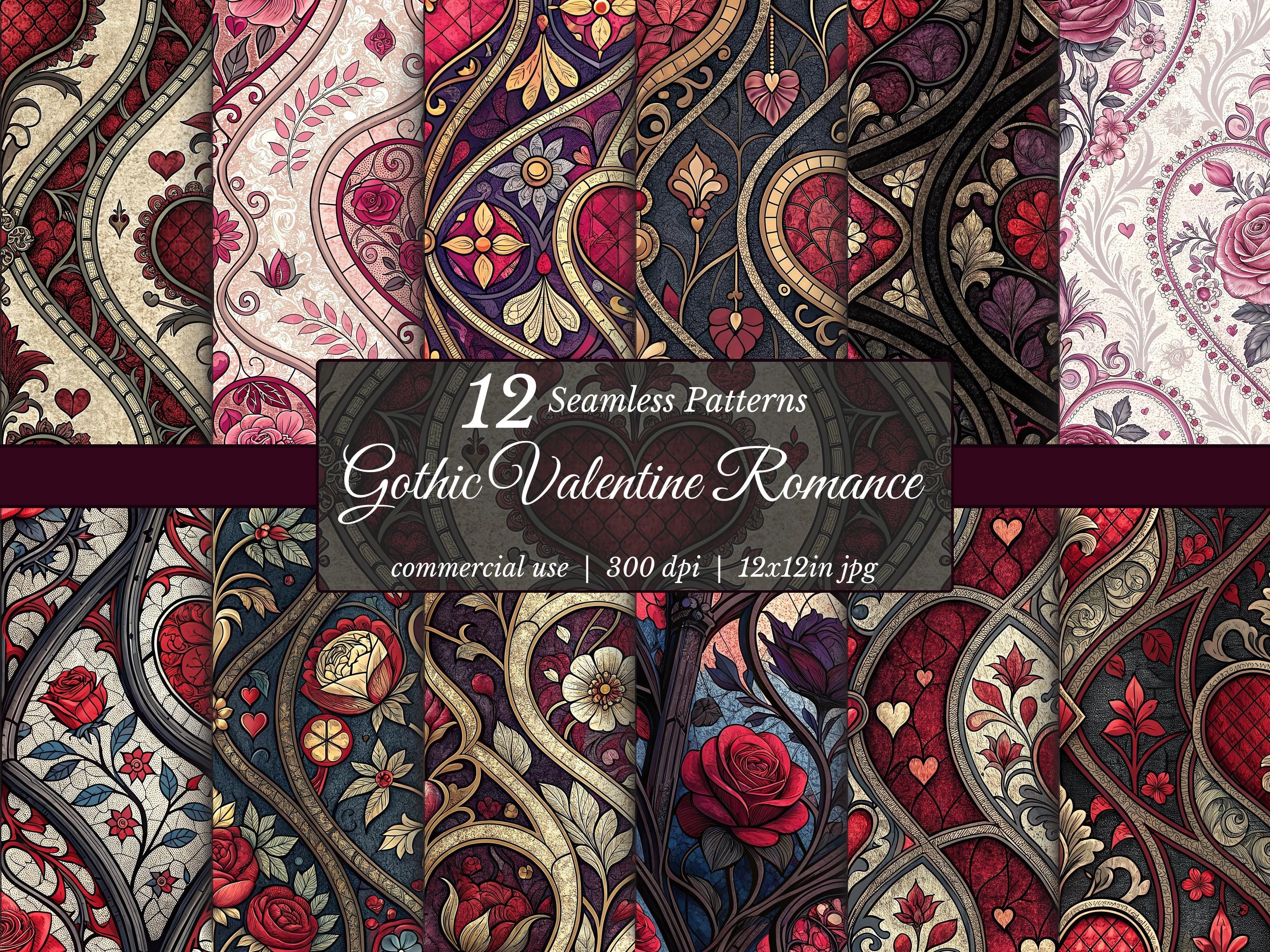 Gothic Valentine Digital Paper: Dark Romance Seamless Patterns (12x12, JPG Download)