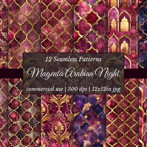 Op de afbeelding: Een digitale kunstprint met 12 naadloze patronen in tinten magenta, goud en paars. De patronen omvatten sierlijke damast, geometrische rasters en hemelse ontwerpen. De tekst luidt "Magenta Arabian Night".