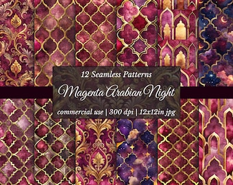 May include: A digital art print showcasing 12 seamless patterns in magenta, gold, and purple hues. The designs include ornate damask, geometric lattice, and celestial motifs. The text reads "Magenta Arabian Night".