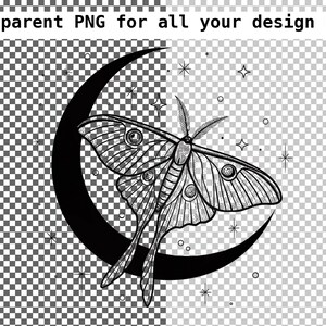 May include: A black and white line drawing of a moth with large, detailed wings perched on a crescent moon. The moon is surrounded by small stars.