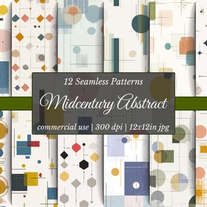 Puede incluir: Un conjunto de 12 patrones abstractos Midcentury sin costuras. Los diseños presentan formas geométricas como círculos, cuadrados y diamantes en colores como amarillo, azul y melocotón, sobre un fondo crema. La imagen incluye el texto "commercial use | 300 dpi | 12x12in jpg."