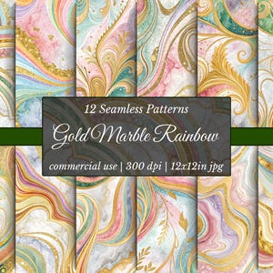 May include: A digital art image showcasing 12 seamless patterns with a gold marble rainbow design. The patterns feature swirling pastel colors, gold accents, and a marble texture. The text on the image reads "Gold Marble Rainbow" and "commercial use | 300 dpi | 12x12in jpg."