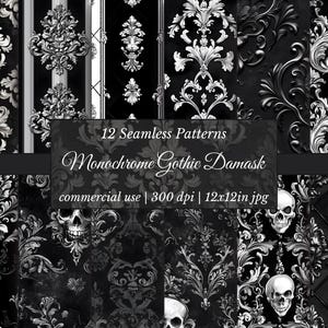 Puede incluir: Una colección de 12 patrones de damasco gótico monocromáticos sin costuras en blanco y negro. Los patrones presentan diseños florales ornamentados, calaveras y elementos a rayas. La imagen incluye el texto "12 Seamless Patterns Monochrome Gothic Damask commercial use | 300 dpi | 30x30cm jpg."