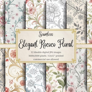 Puede incluir: Doce patrones digitales sin costuras que presentan un diseño floral rococó en varias combinaciones de colores. Los patrones incluyen flores rosas, blancas, grises y verdes con intrincados trabajos de desplazamiento. El texto "Seamless Elegant Rococo Floral" se muestra en el centro de la imagen. El texto a continuación indica que las imágenes son de 3600x3600 píxeles y de 12x12 pulgadas cuando se imprimen. El texto también indica que se permite el uso comercial.
