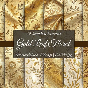 Gold Floral Digital Paper Seamless Patterns Metallic Texture Background Luxury Wedding Scrapbook Paper Gold Leaf Wallpaper Design Pack