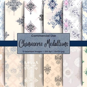 以下が含まれることがあります： クリーム色の背景に、青、グレー、白の中国風メダルデザインが施されたデジタルペーパーパターン12種類。画像の下部に「Commercial Use Chinoiserie Medallions 12 seamless images | 300 dpi | 12x12in jpg」というテキストがあります。