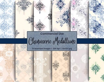 Chinoiserie Medallion Pattern: Oriental Digital Paper (Commercial Use)
