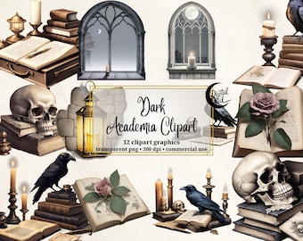 Gothic Clipart: Dark Academia Raven, Skull, Book PNG Images (Digital Download)