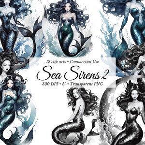 Dark Sirene Clipart: Mystische Meerjungfrau, Aquarell Fantasy & Elegante Meeresgöttinnen (Kommerzielle Nutzung) Bild 1