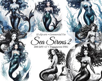 Clipart de Sirena Oscura: Sirenas místicas PNG, arte fantástico en acuarela y elegantes diosas del océano (uso comercial)