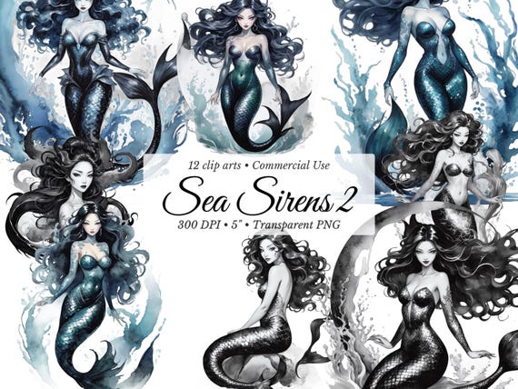 Dark Siren Clipart: Mystical Mermaid PNGs, Watercolor Fantasy Art & Elegant Ocean Goddesses (Commercial Use)