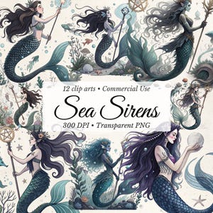 Meerjungfrau Clipart Seesirenen PNG | Bezaubernde Fantasy Ocean Sublimationsgrafiken | Kommerzielle Nutzung Magic Digital Art Bundle