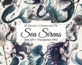 Conjunto de imágenes prediseñadas de sirenas: Gráficos PNG de fantasía de sirenas marinas (uso comercial)