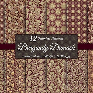Confezione di carta digitale damascata bordeaux – Eleganti motivi floreali senza soluzione di continuità per matrimoni, scrapbooking a tema antico e artigianato per uso commerciale