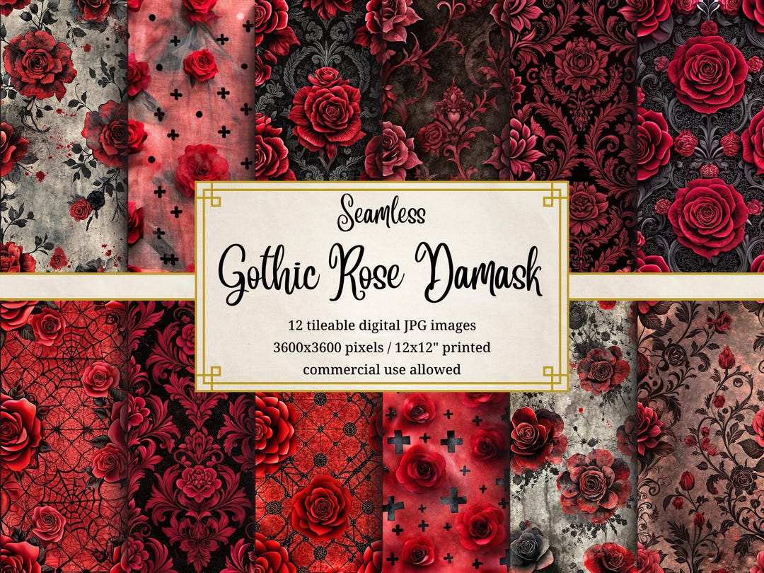 Gothic Rose Damask Seamless Patterns: Dark Red & Black (digital ...