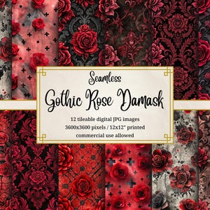 Gothic Rose Seamless Patterns, Dark Red Digital Paper, Black Damask Floral Background, Victorian Gothic Design, Goth Wedding Scrapbook