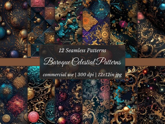 Baroque Celestial Patterns: Gothic Floral Digital Paper (300 DPI JPGs)