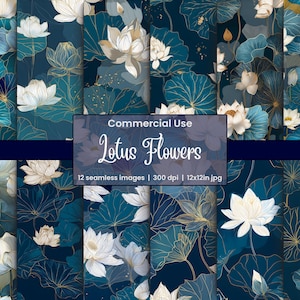 Naadloze lotusbloempatroonset, groenblauw en gouden bloemen digitaal papierpakket, elegante achtergronden voor scrapbooking, stofontwerp, art nouveau