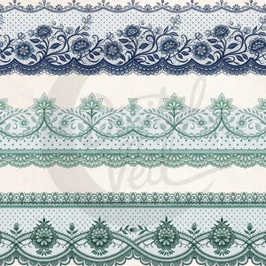 May include: Digital illustration of decorative lace borders in shades of blue and green. The designs feature floral and dotted patterns with scalloped edges, suitable for various craft projects.