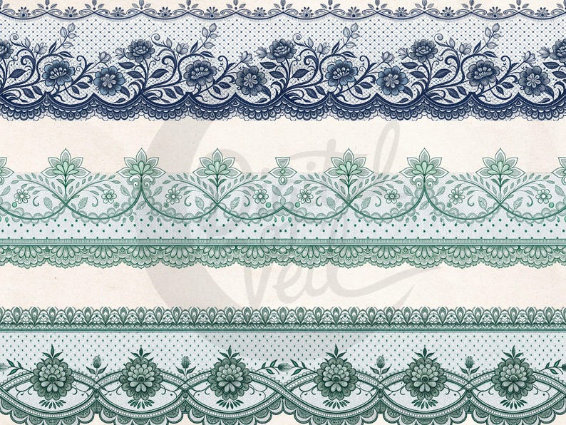 May include: Digital illustration of decorative lace borders in shades of blue and green. The designs feature floral and dotted patterns with scalloped edges, suitable for various craft projects.