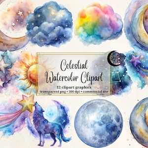 Hemelse aquarel clipart maan sterren PNG digitale download sterrenbeeld Galaxy Cloud muur kunst kinderkamer decor planner stickers nachtelijke hemel