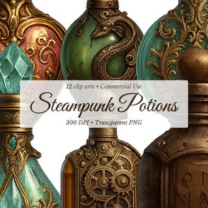 Steampunk Potions Clipart Bundle: Ornate Alchemist Elixirs (PNG Digital Art)