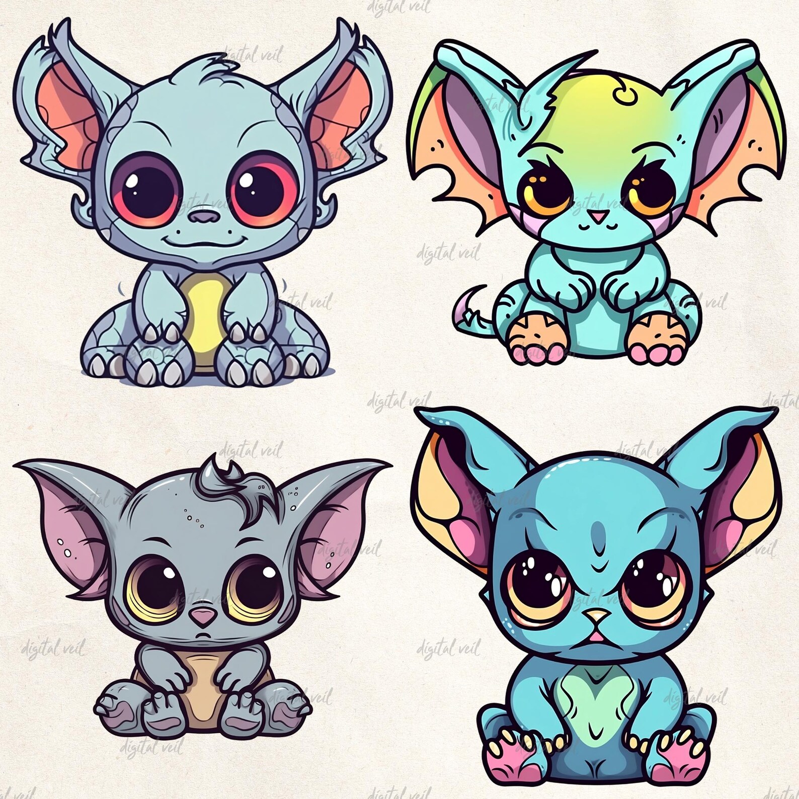 Cute Kawaii Gargoyles Colorful Clipart Images, Kawaii Digital Stickers ...