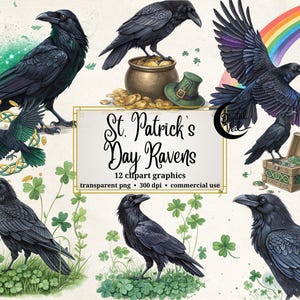May include: Twelve digital illustrations of black ravens with green shamrocks and gold coins. The text "St. Patrick's Day Ravens" is in the center of the image.
