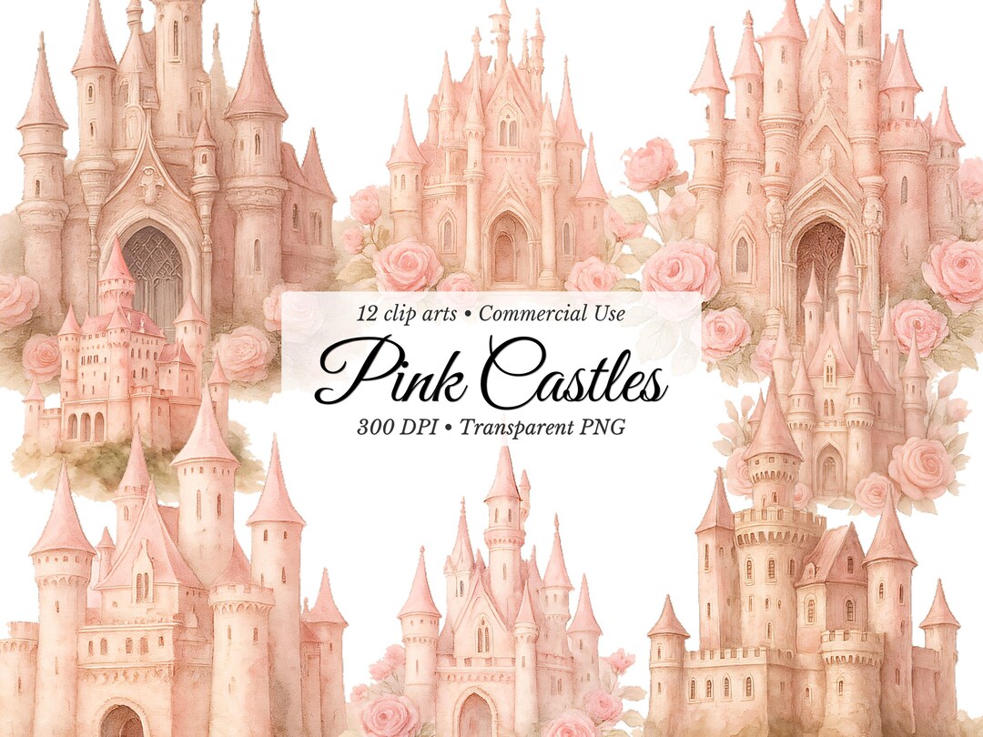Watercolor Pink Castle Clipart: Princess Fairytale PNG (commercial Use ...
