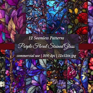 Purple Gothic Roses Stained Glass Pattern: Jewel Tone Digital Paper (12x12 JPGs)