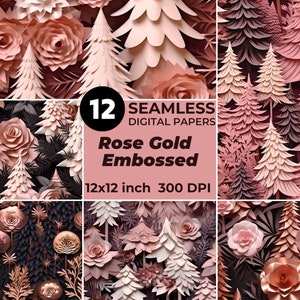 12 Rose Gold Seamless Patterns Paper Quilled Pine Forest Embossed Digital Papers for DIY Crafts, Sublimation, and More