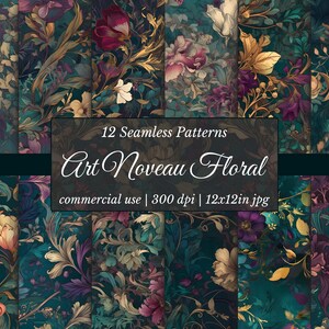 May include: A collection of 12 seamless Art Nouveau floral patterns. The designs feature a dark teal background with gold, purple, pink, and cream-colored flowers and foliage. The image includes the text "Art Nouveau Floral".