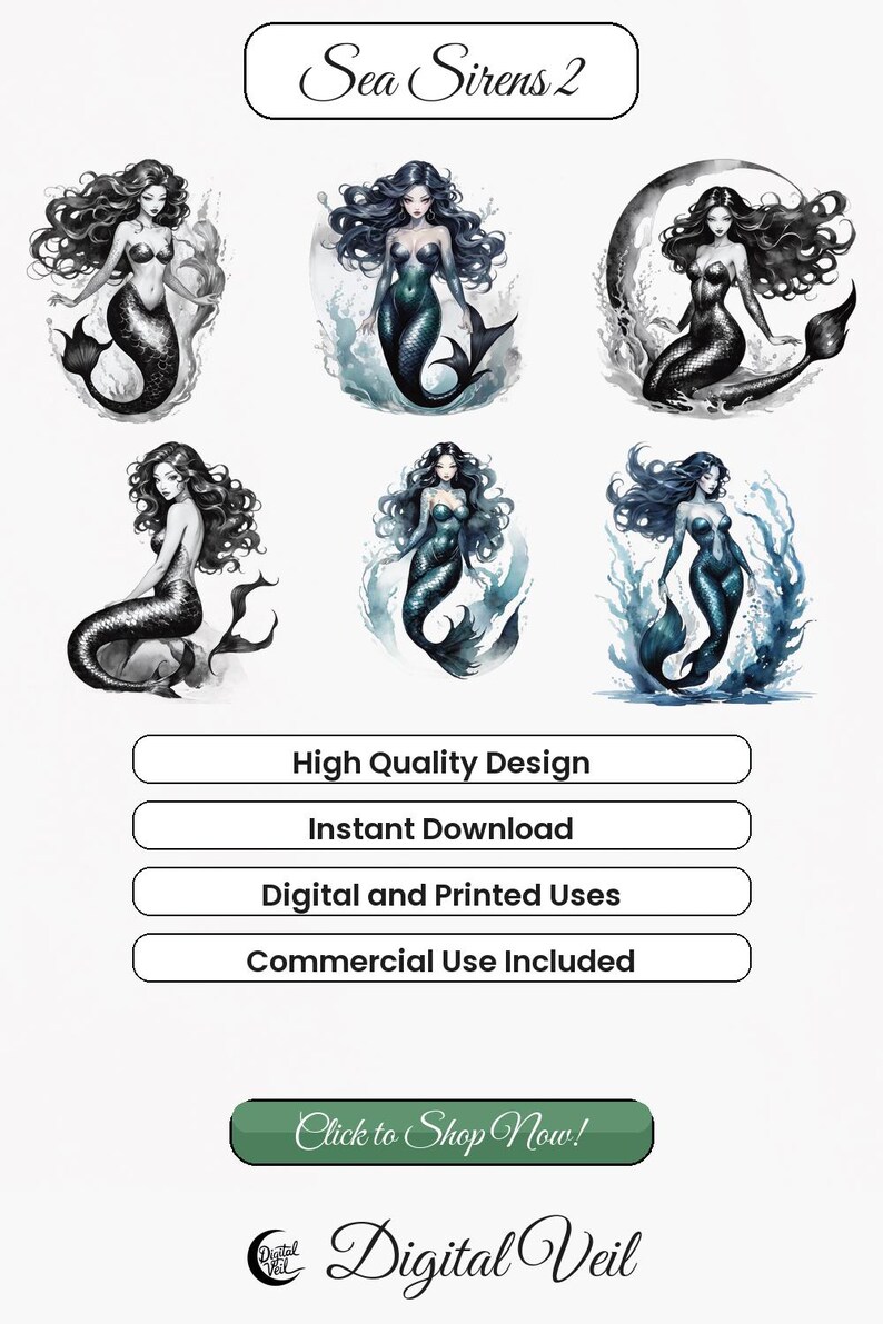 Dark Sirene Clipart: Mystische Meerjungfrau, Aquarell Fantasy & Elegante Meeresgöttinnen (Kommerzielle Nutzung) Bild 5