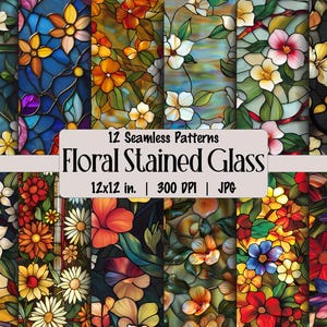 12 nahtlose Glasmalereimuster, florales digitales Papier, JPG 300 dpi, sofortiger Download, kommerzielle Nutzung, Frühlingsfensterdesign