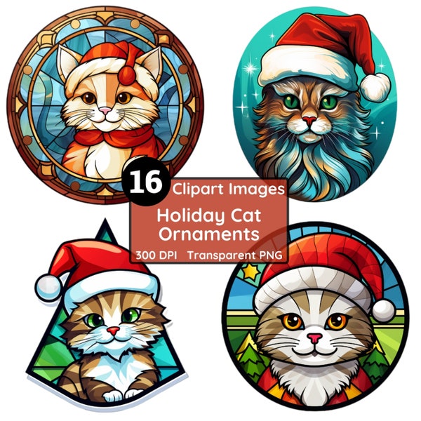 Stained Glass Cat Ornament Cliparts for Crafts, Scrapbooking, and Sublimation Set of 16 Beautiful Digital Stickers Instant Digital Download