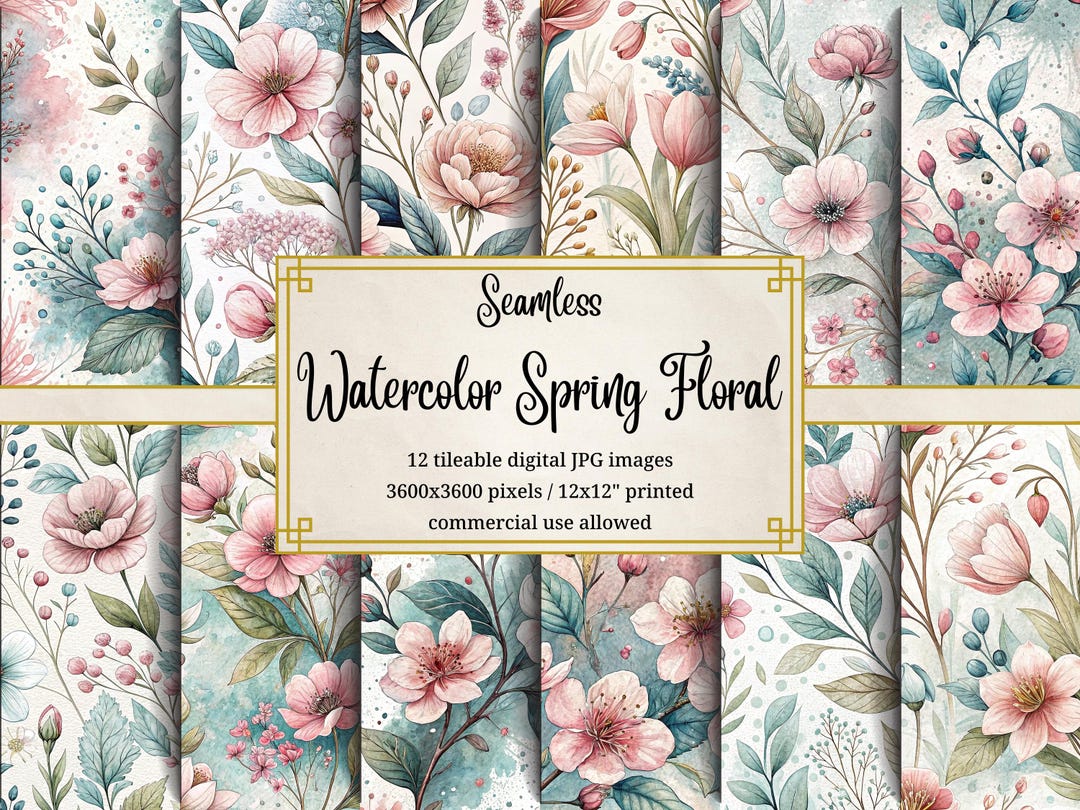 Watercolor Floral Digital Paper: Spring Blossom Seamless Patterns (JPG ...