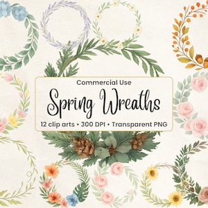 Couronne de fleurs printanières Clipart cadre botanique aquarelle PNG pour invitation de mariage Pâques fabrication de cartes Téléchargement instantané usage commercial
