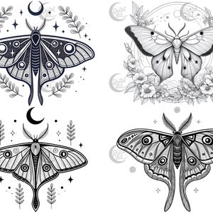 May include: Four black and white illustrations of moths with intricate details. Each moth is surrounded by floral elements and celestial symbols, including a crescent moon and stars.