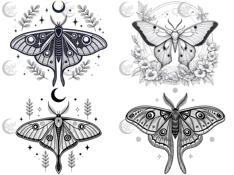 May include: Four black and white illustrations of moths with intricate details. Each moth is surrounded by floral elements and celestial symbols, including a crescent moon and stars.