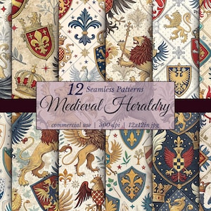 Medieval Heraldry Digital Paper: Seamless Vintage Patterns (Commercial Use)