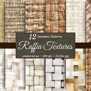 May include: A collection of 12 seamless raffia textures in various woven patterns. The textures include shades of beige, brown, and tan, with a variety of weave styles. The image includes the text "12 Seamless Patterns Raffia Textures".