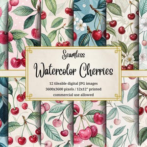 Kirsche Musterdesigns Digital Paper Pack, Obst Botanischer Hintergrund, Küche Kinderzimmer Dekor, Planer Scrapbook Briefpapier Kartendesign