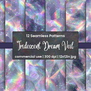 May include: A digital art image featuring 12 seamless patterns with an iridescent, dreamlike quality. The patterns showcase a blend of colors, including purple, blue, and hints of rainbow hues. Text on the image reads "Iridescent Dream Veil".