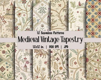 Medieval Tapestry Digital Paper: Vintage Floral Patterns (Download)