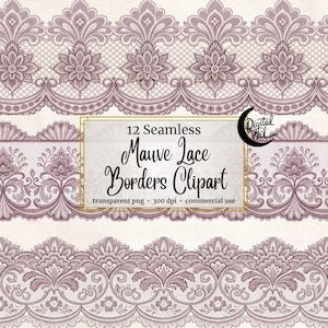 Nahtloser Mauve Lace Border Clipart-Bundle - Vintage Blumenstickerei Bordüren PNG für Hochzeitseinladungen, Scrapbooking & Journaling