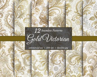 Paquete de papel digital victoriano dorado: diseños florales sin costuras para álbumes de recortes (conjunto JPG de 12 x 12, uso comercial)